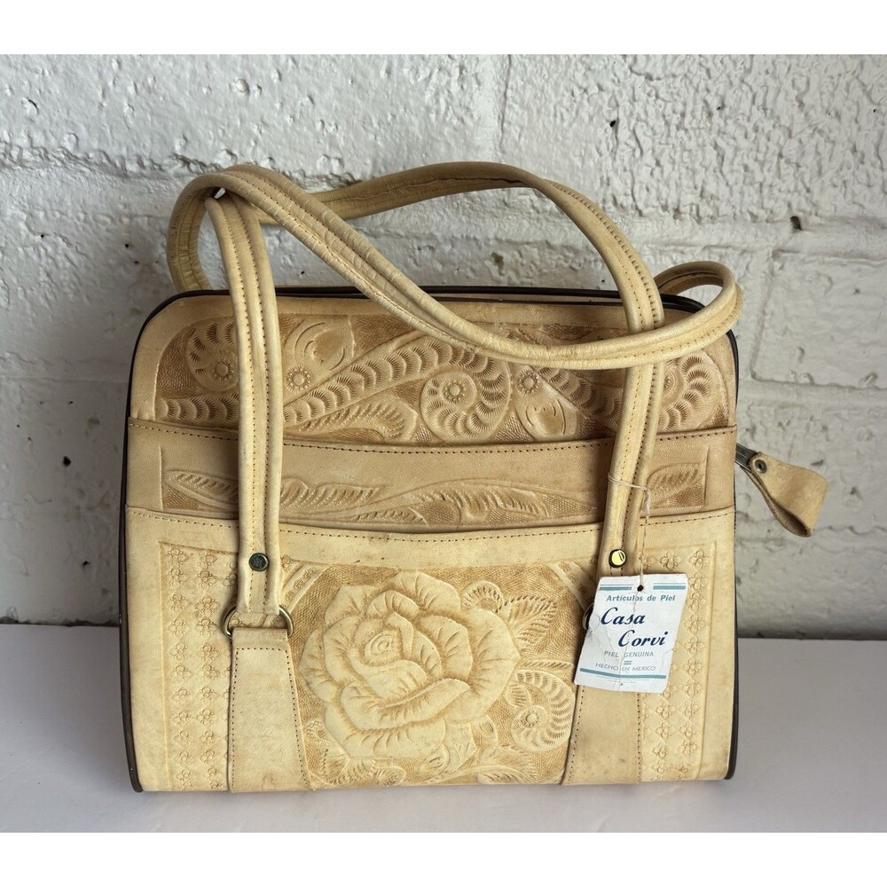 VINTAGE CASA CORVI HAND TOOLED LEATHER PURSE HANDBAG BAG MEXICO Original Tag On